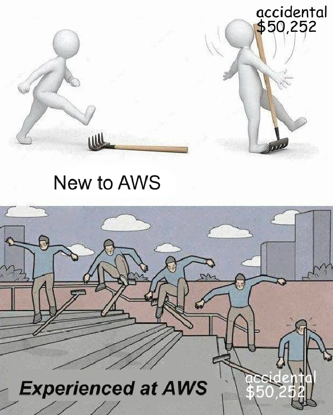 a meme depicting a new user trying out AWS and getting a large bill; then an experienced user doing a more complicated action then being saddled with a large bill