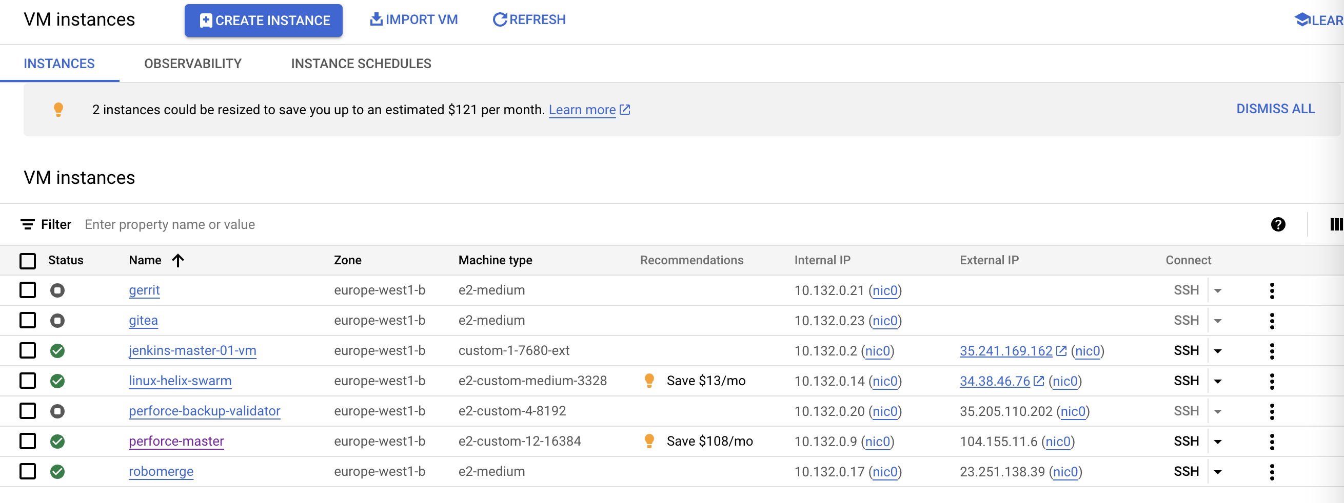 an image of a GCP instances list of my source-code management project